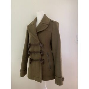 Burberry Brit Toggle 100% Wool duffle Coat Olive Green Sz 4 Nova Check Interior